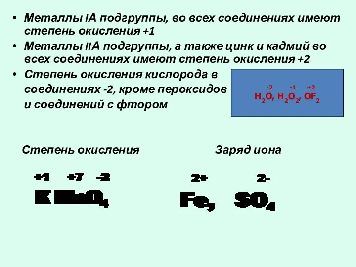 -2 -1 +2 H2O, Н2О2, OF2 Металлы IА подгруппы, во всех соединениях имеют