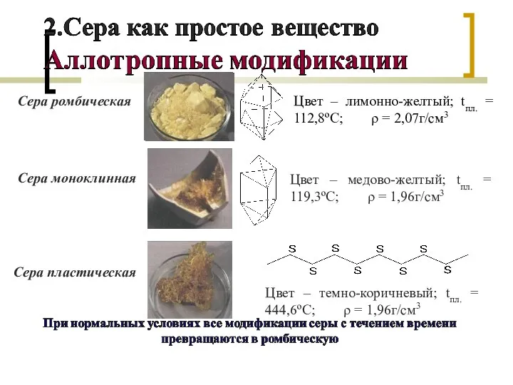 Сера ромбическая Сера пластическая Сера моноклинная Цвет – лимонно-желтый; tпл.