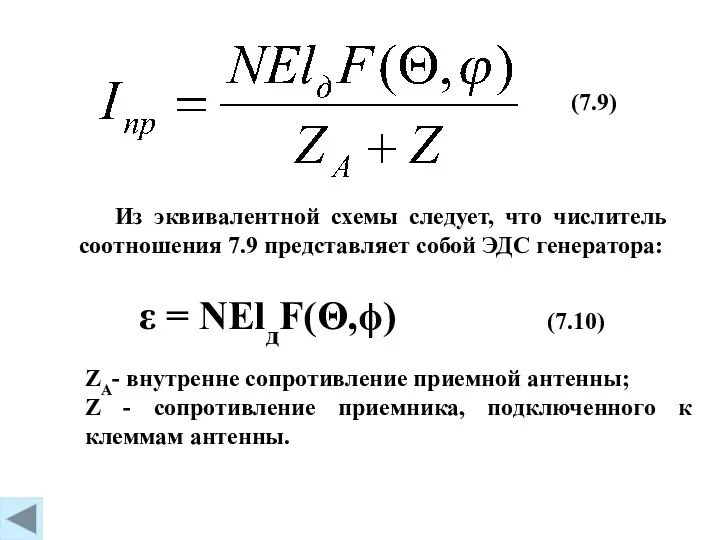 ε = NElдF(Θ,ϕ) (7.10) ZA- внутренне сопротивление приемной антенны; Z