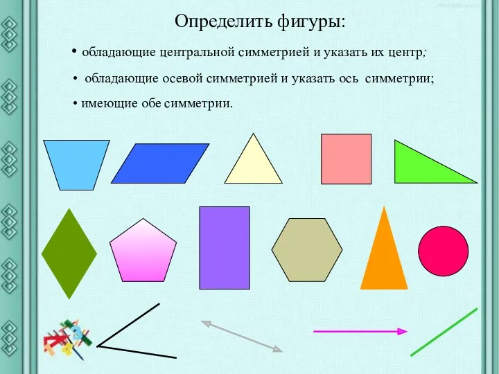 Определить фигуры: обладающие центральной симметрией и указать их центр; обладающие осевой симметрией и