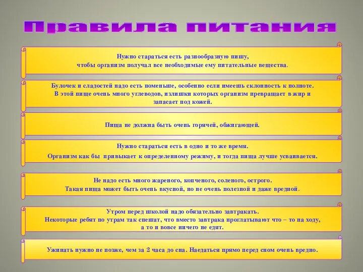 Правила питания Нужно стараться есть разнообразную пишу, чтобы организм получал