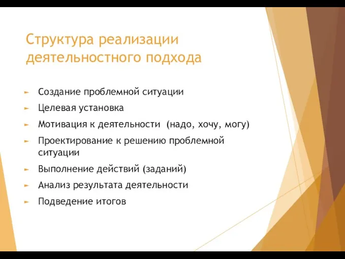 Структура реализации деятельностного подхода Создание проблемной ситуации Целевая установка Мотивация