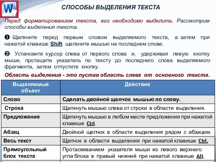 Способы выделения текста Перед форматированием текста, его необходимо выделить. Рассмотрим