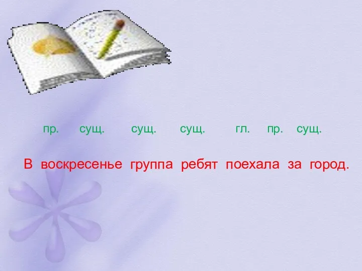 пр. сущ. сущ. сущ. гл. пр. сущ. В воскресенье группа ребят поехала за город.