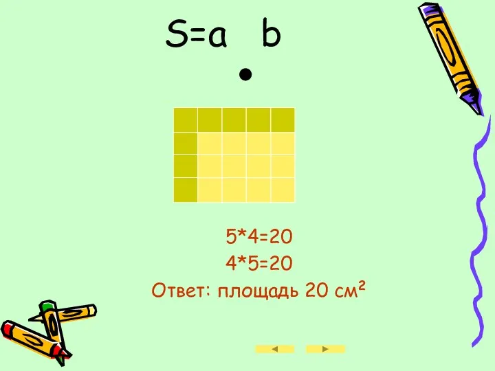 S=a b 5*4=20 4*5=20 Ответ: площадь 20 см2