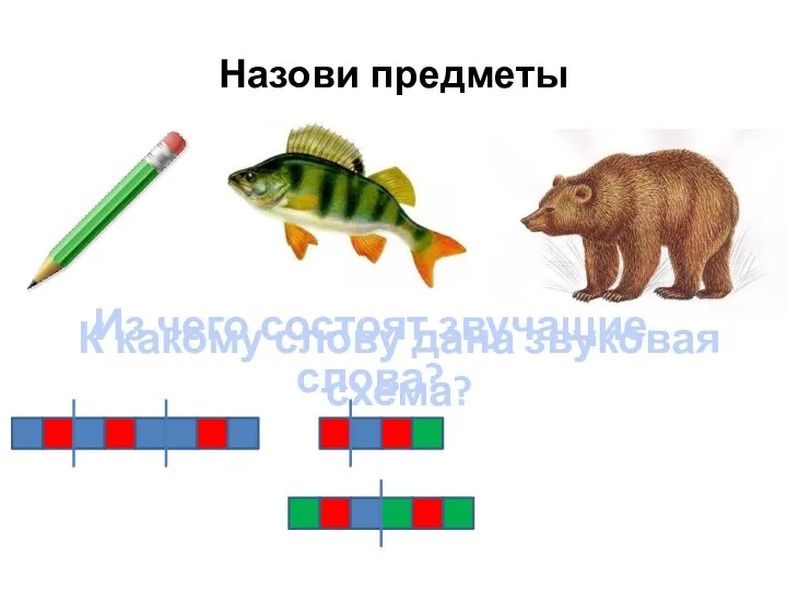 Назови предметы Из чего состоят звучащие слова? К какому слову дана звуковая схема?