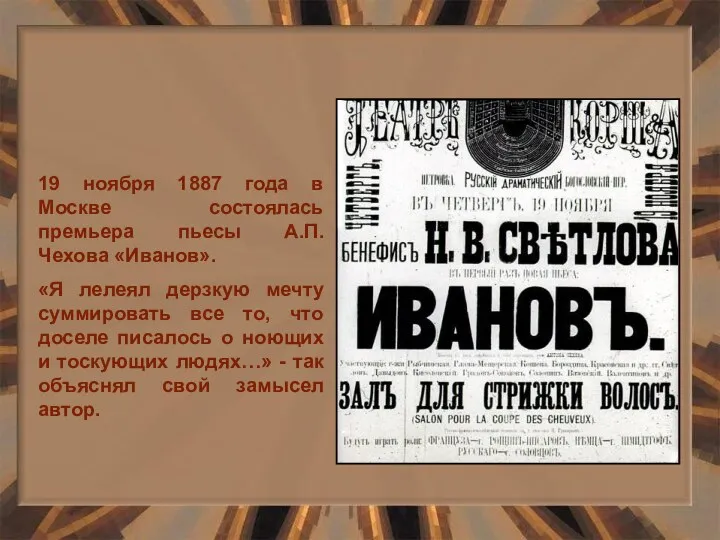 19 ноября 1887 года в Москве состоялась премьера пьесы А.П.