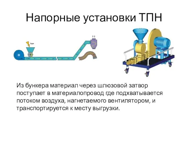 Напорные установки ТПН Из бункера материал через шлюзовой затвор поступает