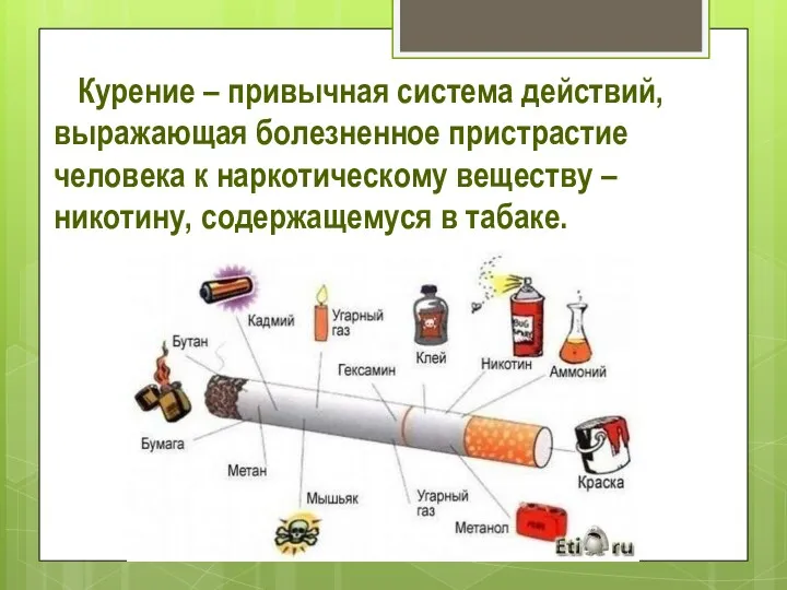 Курение – привычная система действий, выражающая болезненное пристрастие человека к