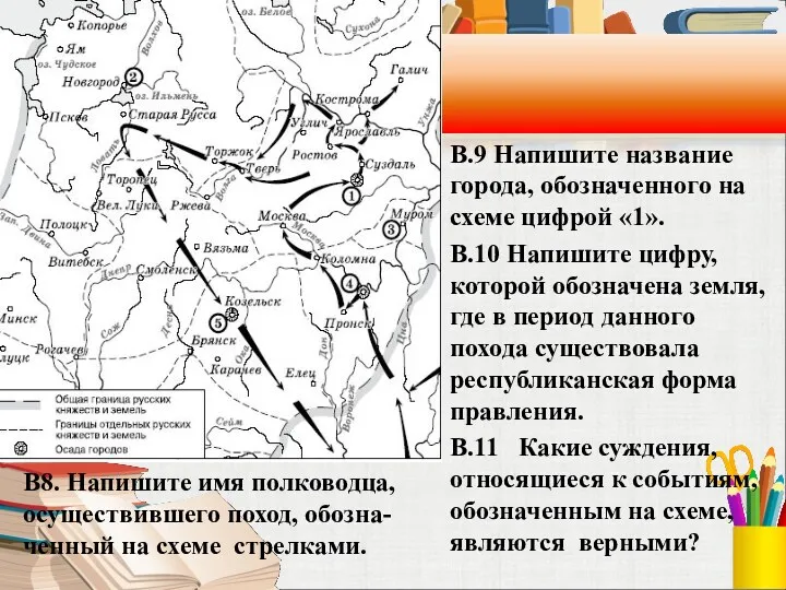 В.9 Напишите название города, обозначенного на схеме цифрой «1». В.10