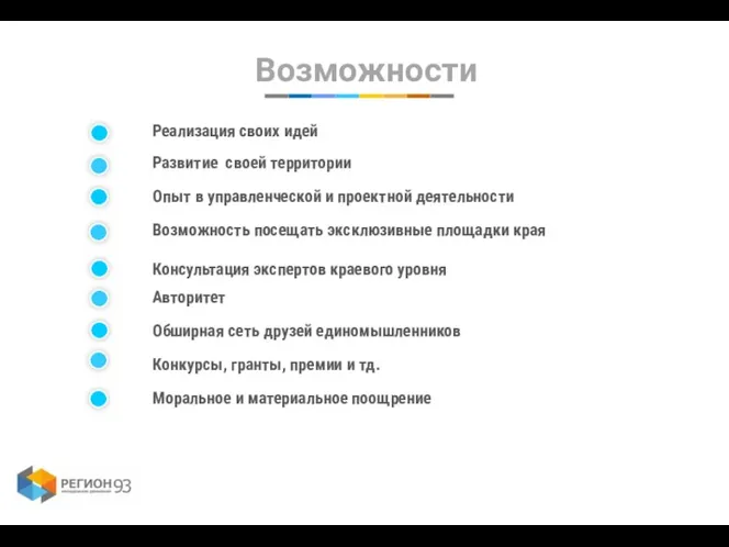 Возможности Реализация своих идей Развитие своей территории Возможность посещать эксклюзивные