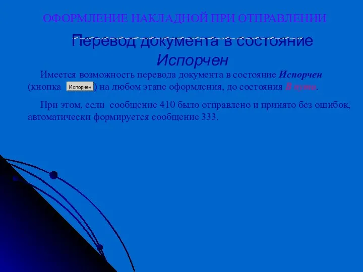 ОФОРМЛЕНИЕ НАКЛАДНОЙ ПРИ ОТПРАВЛЕНИИ Перевод документа в состояние Испорчен Имеется