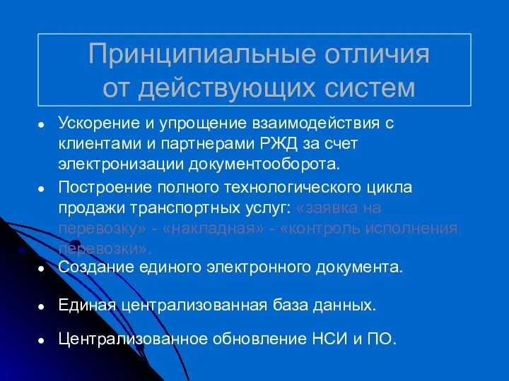 Принципиальные отличия от действующих систем Ускорение и упрощение взаимодействия с