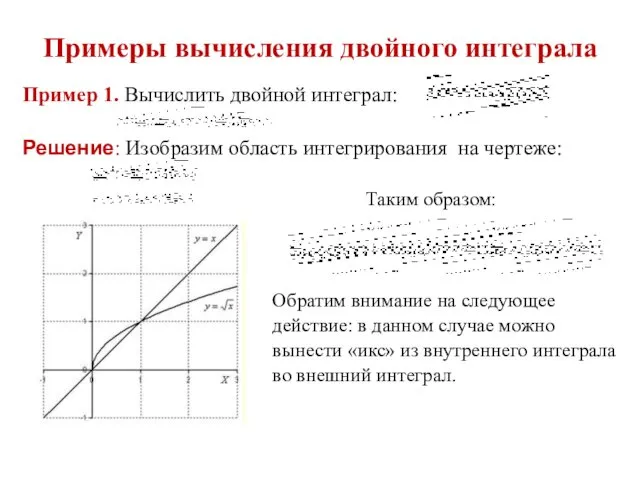 Примеры вычисления двойного интеграла Пример 1. Вычислить двойной интеграл: Решение: