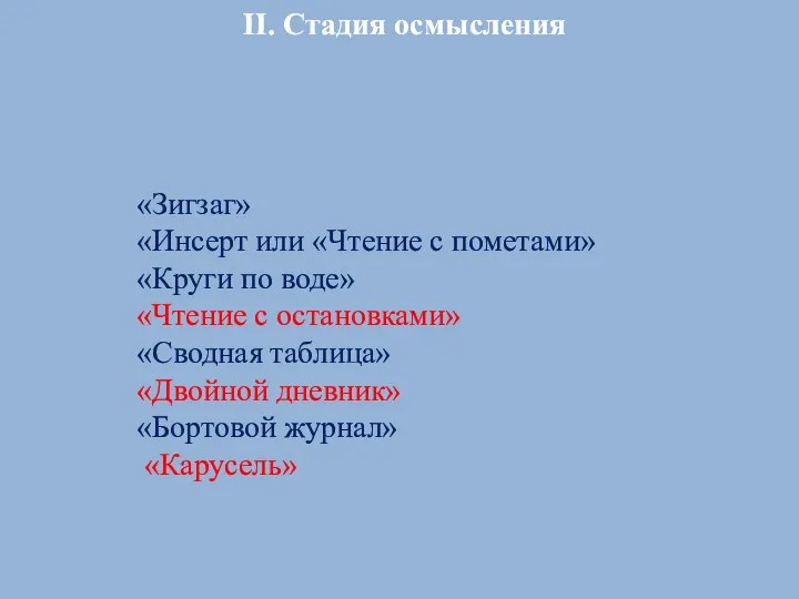 «Зигзаг» «Инсерт или «Чтение с пометами» «Круги по воде» «Чтение