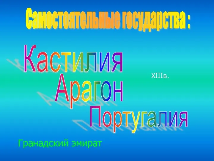 Самостоятельные государства : Кастилия Арагон Португалия XIIIв. Гранадский эмират