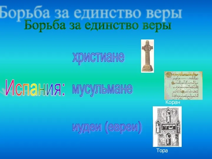 Борьба за единство веры Испания: христиане мусульмане иудеи (евреи) Коран Тора