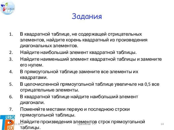 Задания В квадратной таблице, не содержащей отрицательных элементов, найдите корень