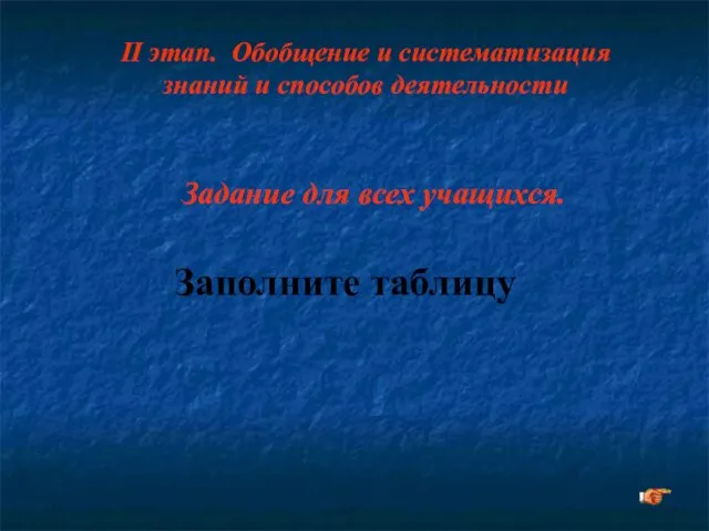 Заполните таблицу Задание для всех учащихся. II этап. Обобщение и систематизация знаний и способов деятельности