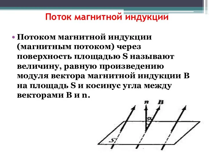 Поток магнитной индукции Потоком магнитной индукции (магнитным потоком) через поверхность