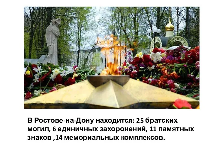 В Ростове-на-Дону находится: 25 братских могил, 6 единичных захоронений, 11 памятных знаков ,14 мемориальных комплексов.