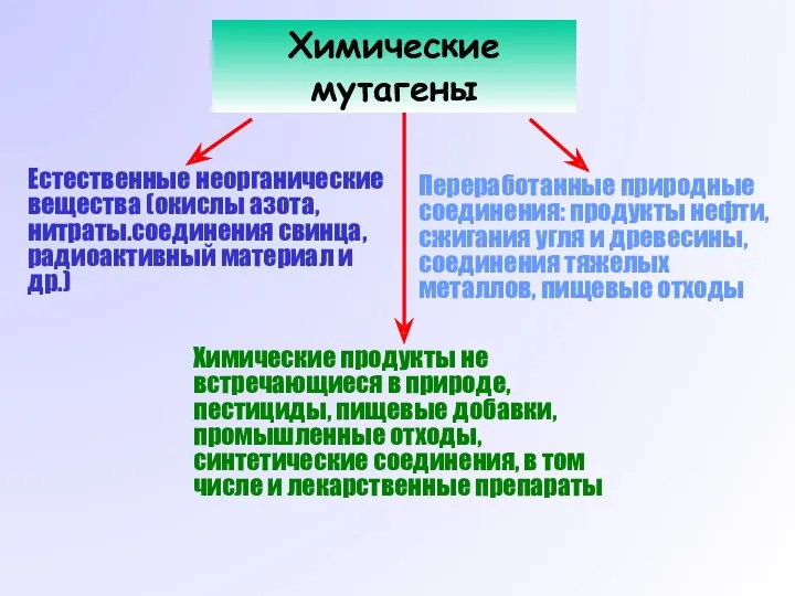 Химические мутагены Естественные неорганические вещества (окислы азота, нитраты.соединения свинца, радиоактивный