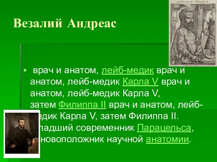 Везалий Андреас врач и анатом, лейб-медик врач и анатом, лейб-медик