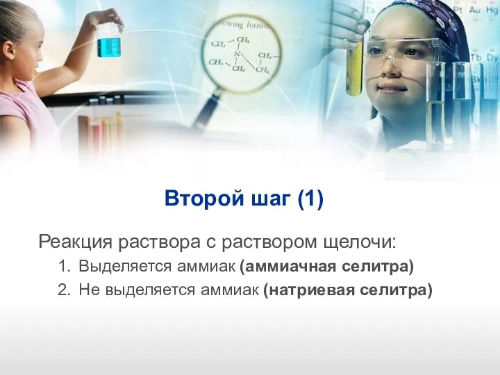 Второй шаг (1) Реакция раствора с раствором щелочи: Выделяется аммиак (аммиачная селитра) Не