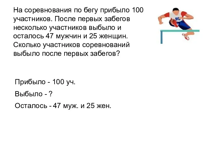 На соревнования по бегу прибыло 100 участников. После первых забегов