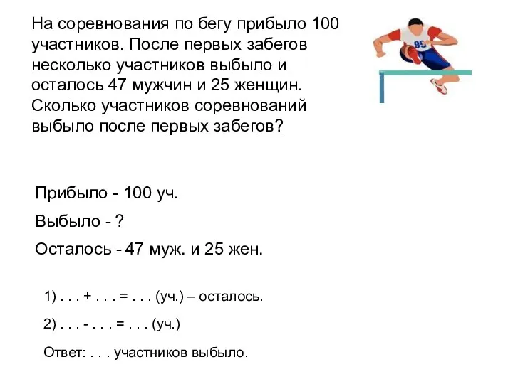 На соревнования по бегу прибыло 100 участников. После первых забегов