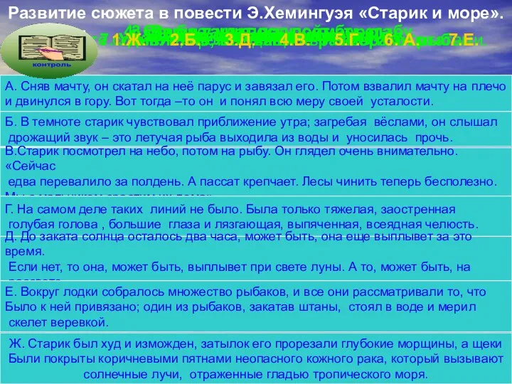 Развитие сюжета в повести Э.Хемингуэя «Старик и море». Соотнесите события,