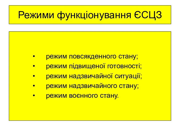 Режими функціонування ЄСЦЗ режим повсякденного стану; режим підвищеної готовності; режим