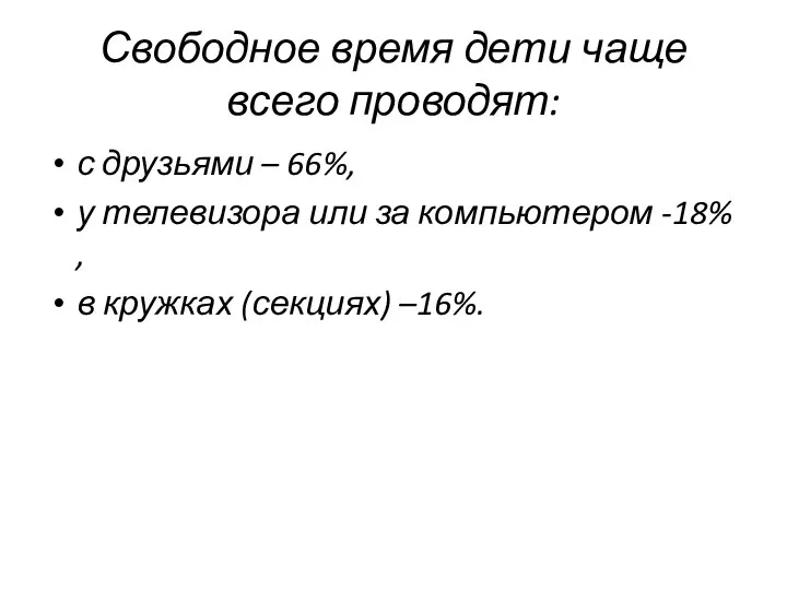 Свободное время дети чаще всего проводят: с друзьями – 66%,