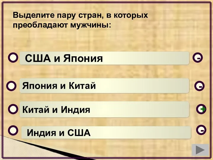 Выделите пару стран, в которых преобладают мужчины: Китай и Индия Япония и Китай