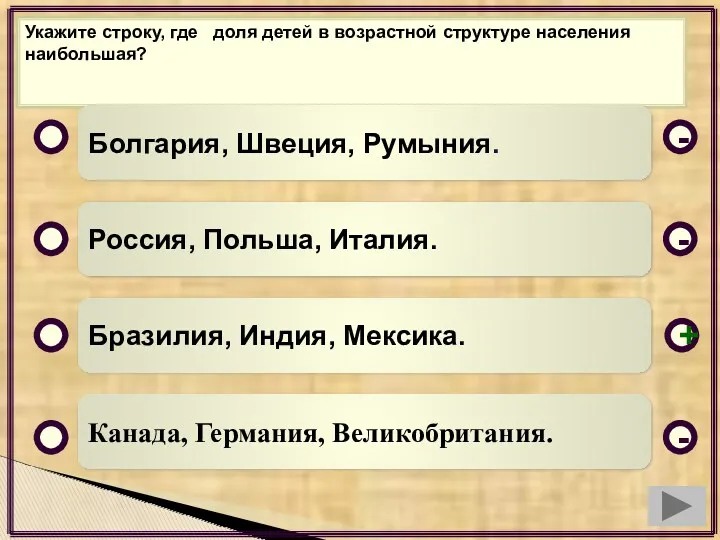 Укажите строку, где доля детей в возрастной структуре населения наибольшая? Болгария, Швеция, Румыния.