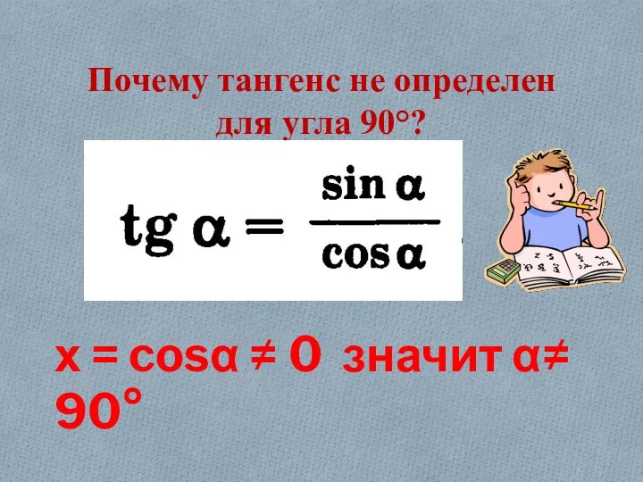 Почему тангенс не определен для угла 90°? х = cosα ≠ 0 значит α≠ 90°