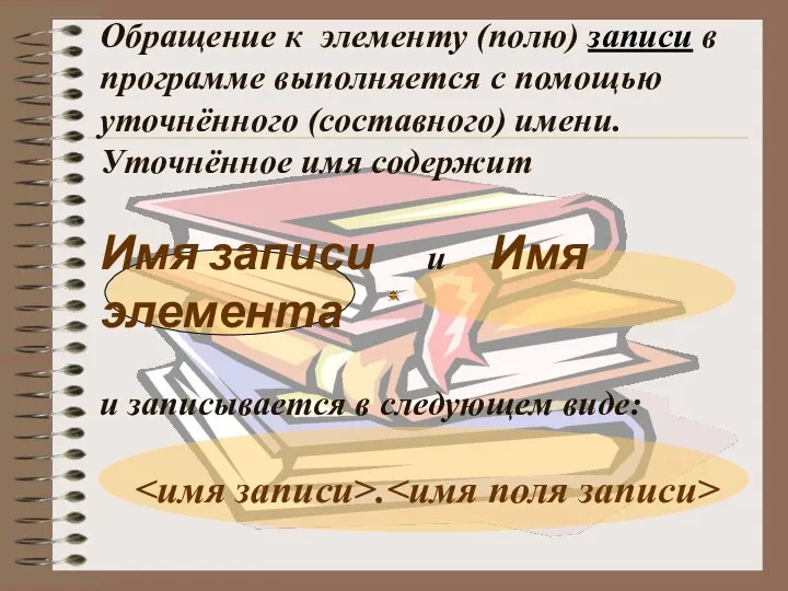 Обращение к элементу (полю) записи в программе выполняется с помощью