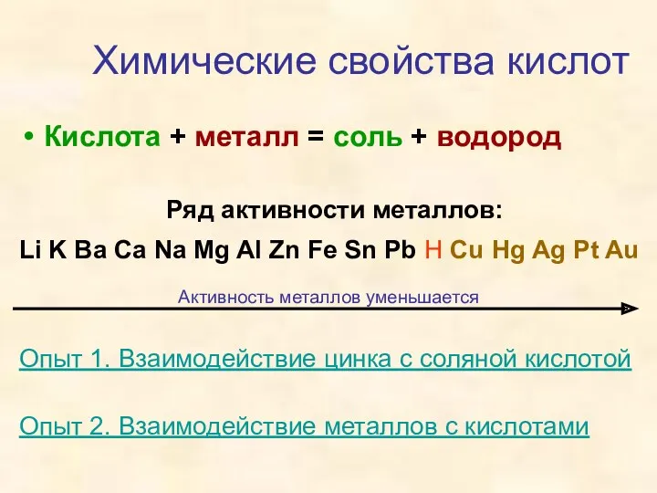 Химические свойства кислот Кислота + металл = соль + водород