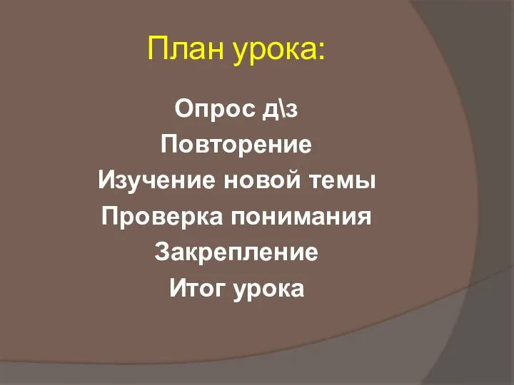 План урока: Опрос д\з Повторение Изучение новой темы Проверка понимания Закрепление Итог урока