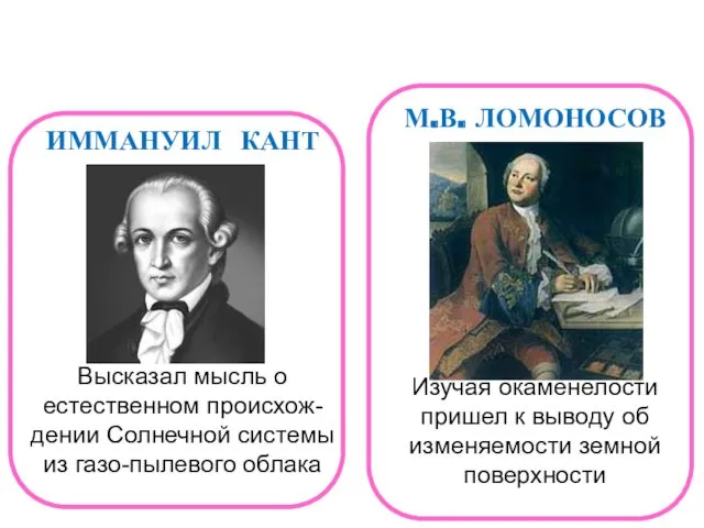 М.В. ЛОМОНОСОВ Изучая окаменелости пришел к выводу об изменяемости земной поверхности ИММАНУИЛ КАНТ