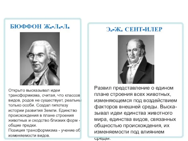 БЮФФОН Ж.-Л.-Л. Э.-Ж. СЕНТ-ИЛЕР Открыто высказывал идеи трансформизма, считая, что