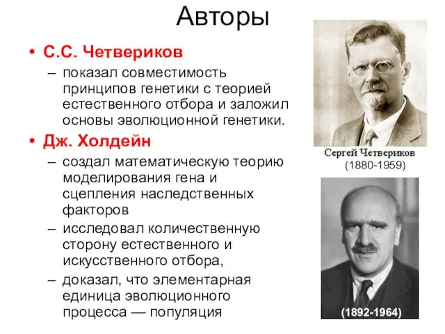 Авторы С.С. Четвериков показал совместимость принципов генетики с теорией естественного