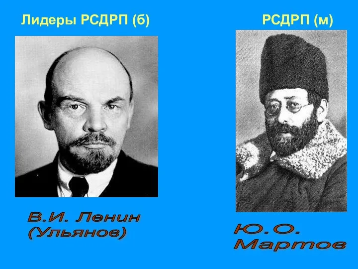 Лидеры РСДРП (б) РСДРП (м) В.И. Ленин (Ульянов) Ю.О. Мартов