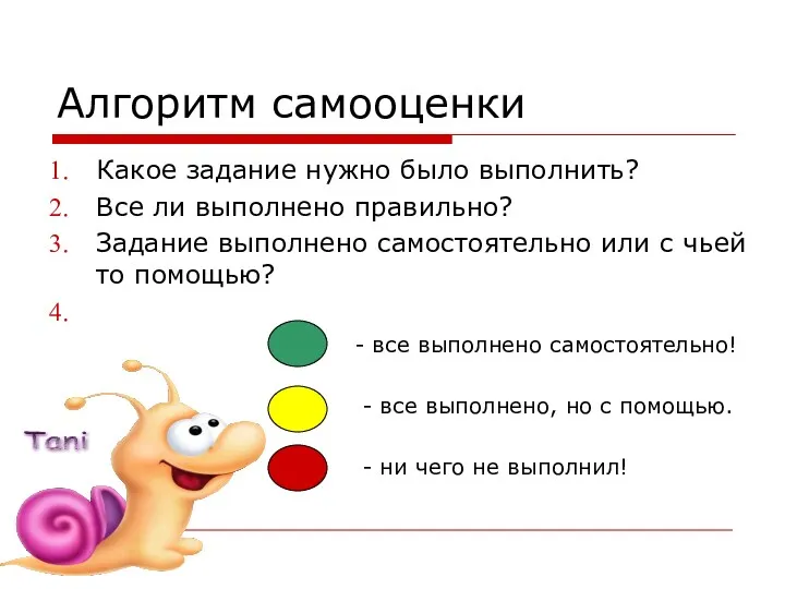 Алгоритм самооценки Какое задание нужно было выполнить? Все ли выполнено правильно? Задание выполнено