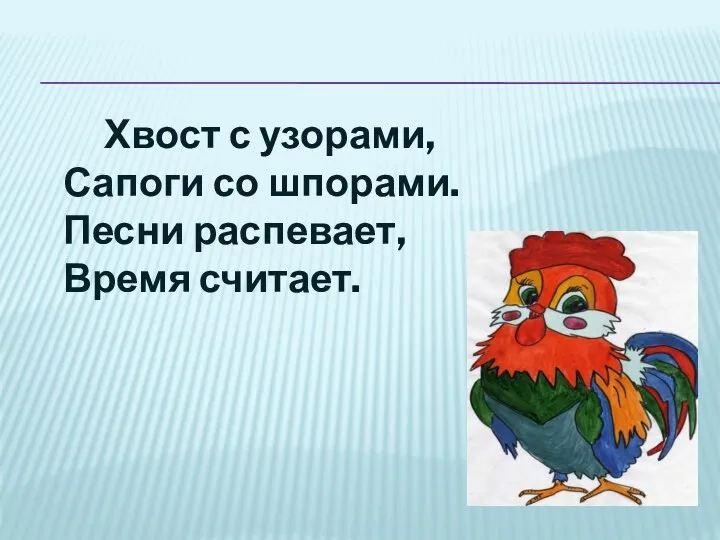 Хвост с узорами, Сапоги со шпорами. Песни распевает, Время считает.