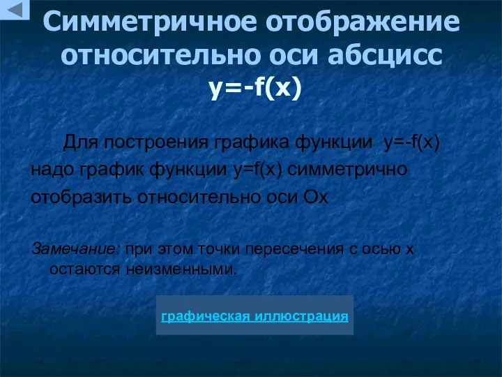 Симметричное отображение относительно оси абсцисс y=-f(x) Для построения графика функции