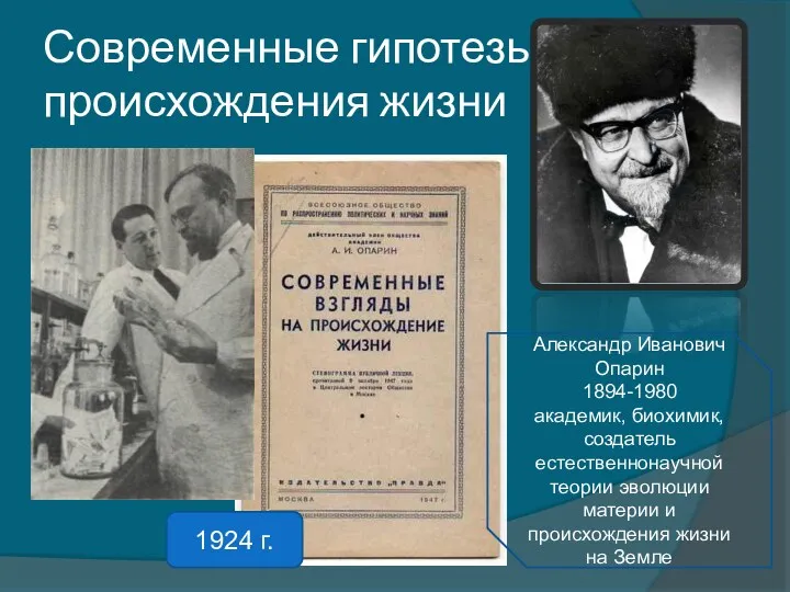 Современные гипотезы происхождения жизни 1924 г. Александр Иванович Опарин 1894-1980