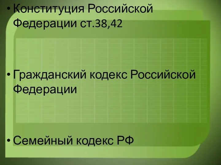 Конституция Российской Федерации ст.38,42 Гражданский кодекс Российской Федерации Семейный кодекс РФ