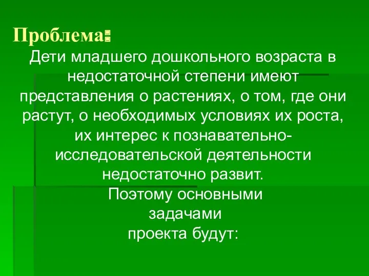 Проблема: Дети младшего дошкольного возраста в недостаточной степени имеют представления