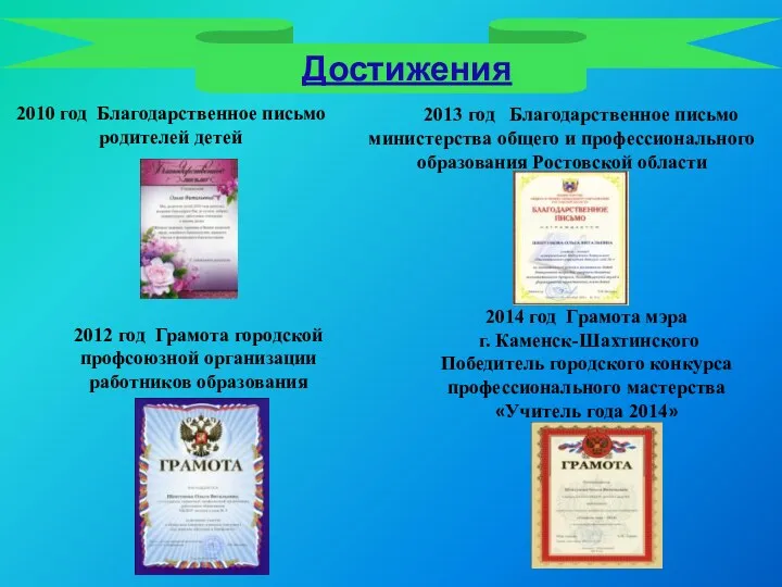 Достижения 2013 год Благодарственное письмо министерства общего и профессионального образования Ростовской области 2010